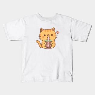 Cute Orange Tabby Cat Loves Drinking Bubble Tea Kids T-Shirt